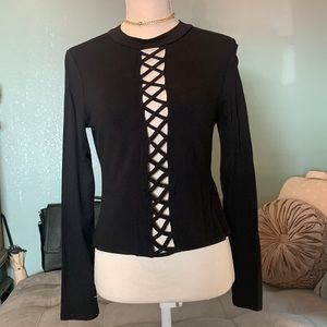Sexy long sleeve black top with criss cross cutout